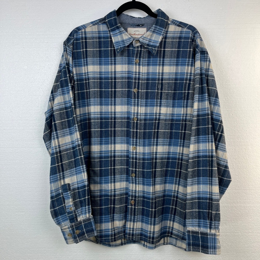 Weatherproof‎ Mens XXL Blue White Plaid Flannel Shirt Long Sleeve Button Down